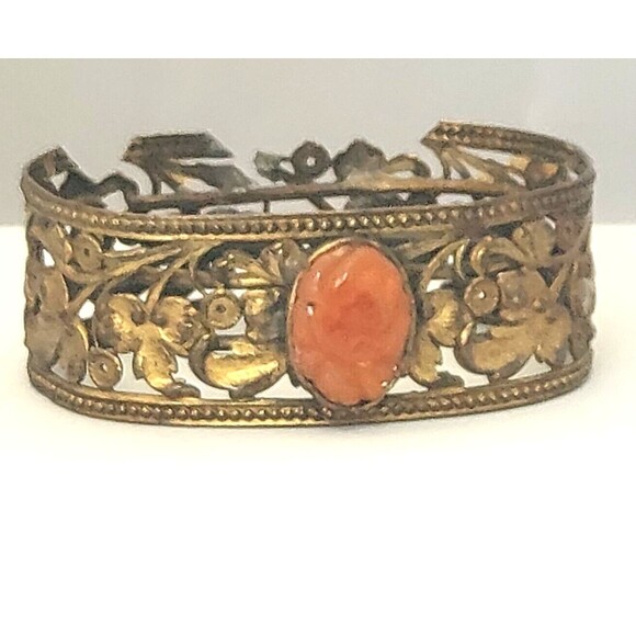 Antique Victorian Coral Cameo Bracelet Bangle Filigree Gold Tone Orange Stone - Picture 8 of 8